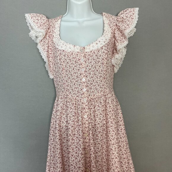 Gunne Sax Dress Prairie 70s Floral Lace Short Sleeve Pale Pink Retro Junior Midi - Picture 4 of 15
